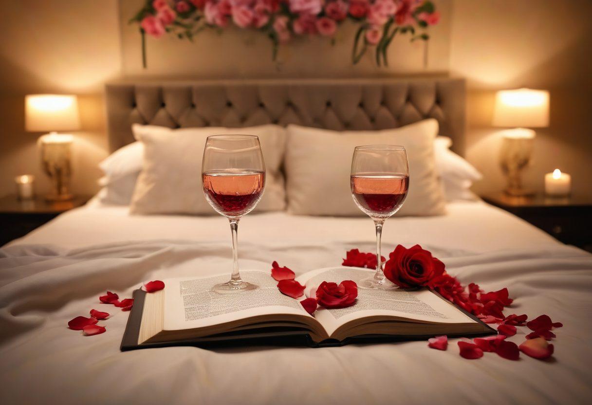 A romantic setting featuring a cozy, dimly-lit bedroom adorned with soft, warm colors. Include a beautifully arranged bed with silk sheets, candles gently flickering, and delicate rose petals scattered. Emphasize elements of intimacy, such as wine glasses, a book on sensuality, and artwork that celebrates love. Create an atmosphere of tranquility and desire, inviting viewers to explore erotic wellness. super-realistic. warm colors. cozy ambiance.