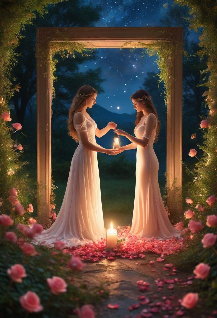 A romantic, serene setting featuring an intimate couple embracing under a starry night sky, surrounded by soft candlelight and delicate rose petals. Their expressions convey deep passion and connection, capturing the essence of sensuality. The background showcases a subtle blend of warm colors creating a dreamy atmosphere. The scene is framed by lush greenery, adding a touch of nature's beauty. surrealist style. vibrant colors. soft focus.