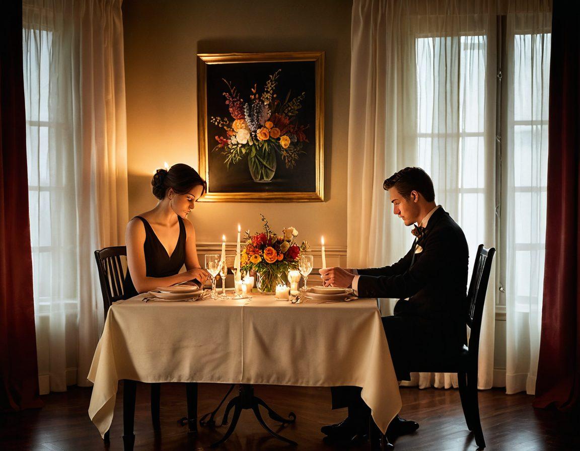 A dimly lit, romantic setting featuring a beautifully set dinner table adorned with candles and soft flowers, exuding an air of intimacy. In the background, a silken curtain gently sways, hinting at the allure of the unknown. Subtle silhouettes of a couple leaning closer, embodying desire and connection, create an inviting atmosphere. Soft, warm colors dominate the scene, enhancing the feelings of closeness and passion. painting. vibrant colors. soft focus.